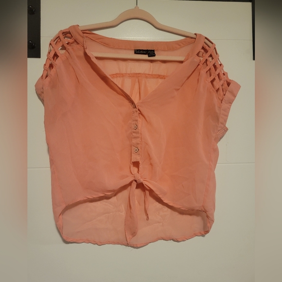Seduction Pink Tie Crop Top with decorative mesh sleeves Size M Medium - Picture 1 of 4